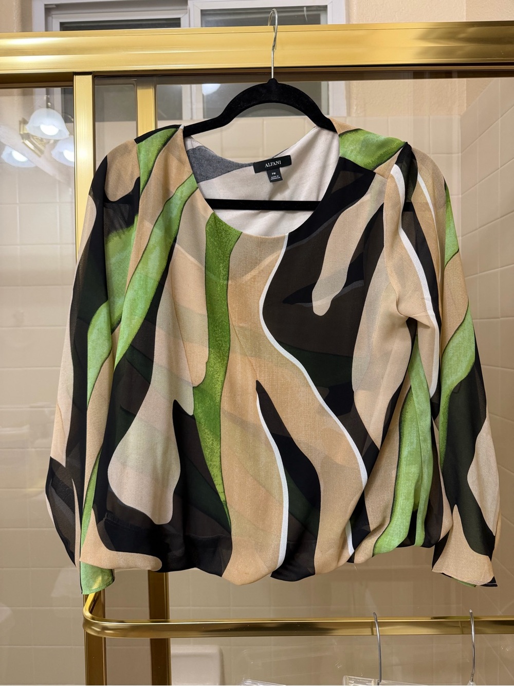 Alfani Green Black Tan Abstract Print Blouse